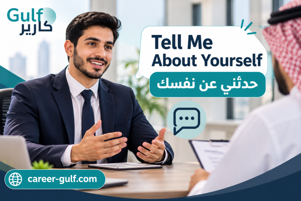 رجل يستعد للإجابة عن سؤال حدثني عن نفسك في مقابلة عمل باللغة الإنجليزية